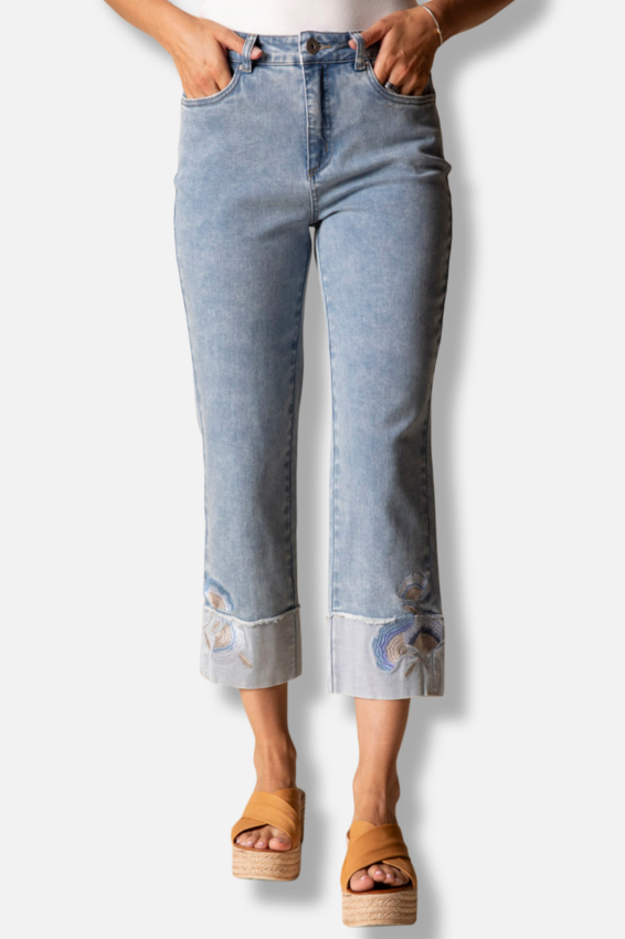 Embroidered Cuff Capri - Light Denim