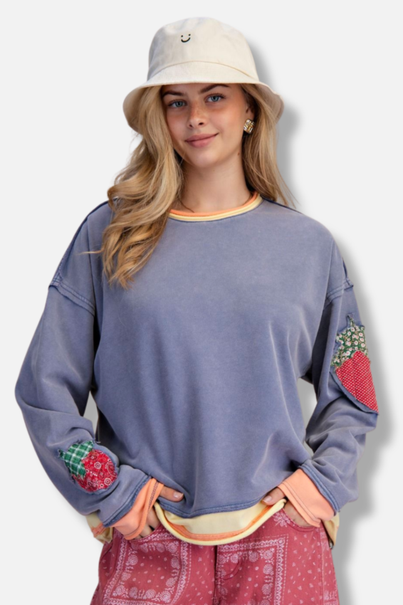 Strawberry Patch Pullover - Dusty Denim
