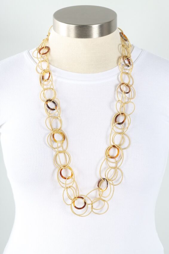 Long Multi Loop Ring Necklace - Gold & Tortoise