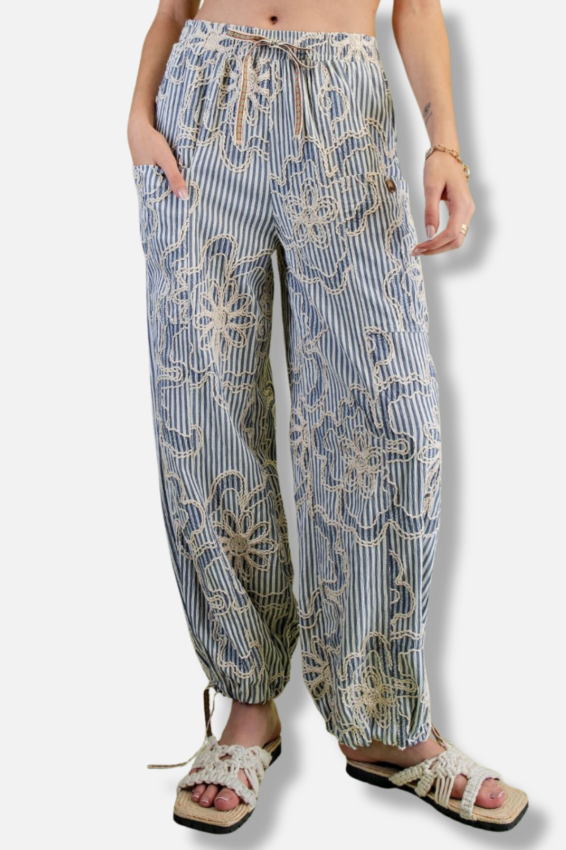 Embroidered Striped Woven Pant - Denim Blue